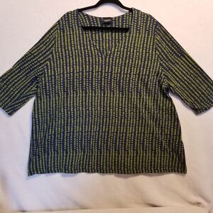 Ulla Popken 24/26 Top Cotton Navy Blue Green Polka Dot 3/4 Sleeve Comfort Basic
